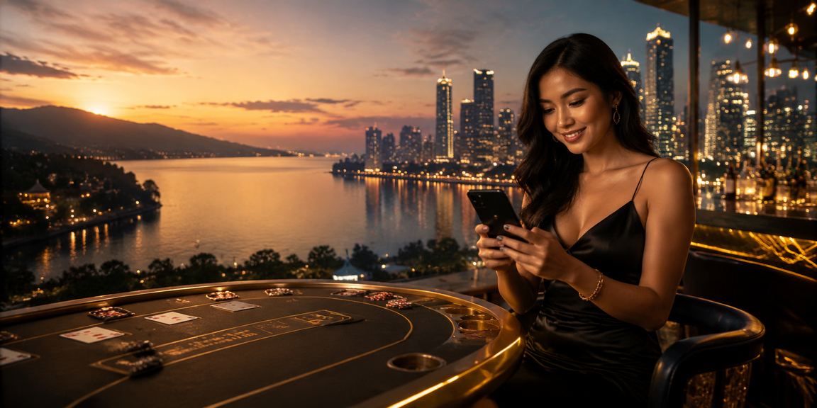 Meja baccarat dengan pencahayaan neon modern menggambarkan suasana live casino malam hari