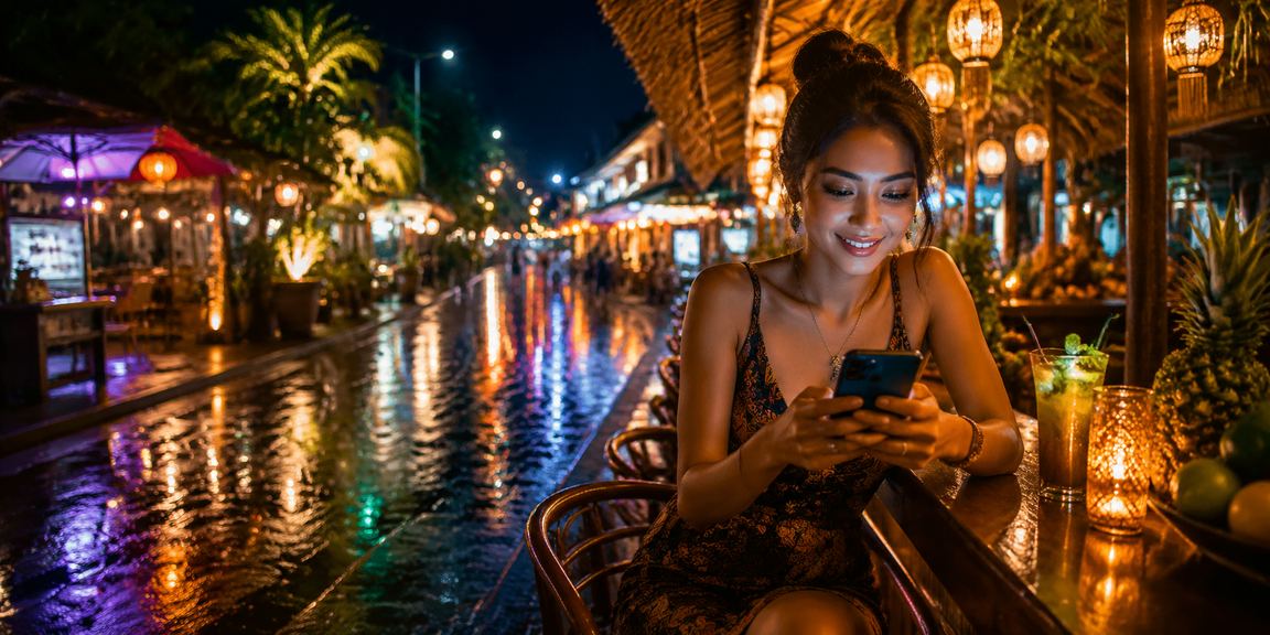 Seseorang bermain casino mobile di pasar malam yang berwarna-warni